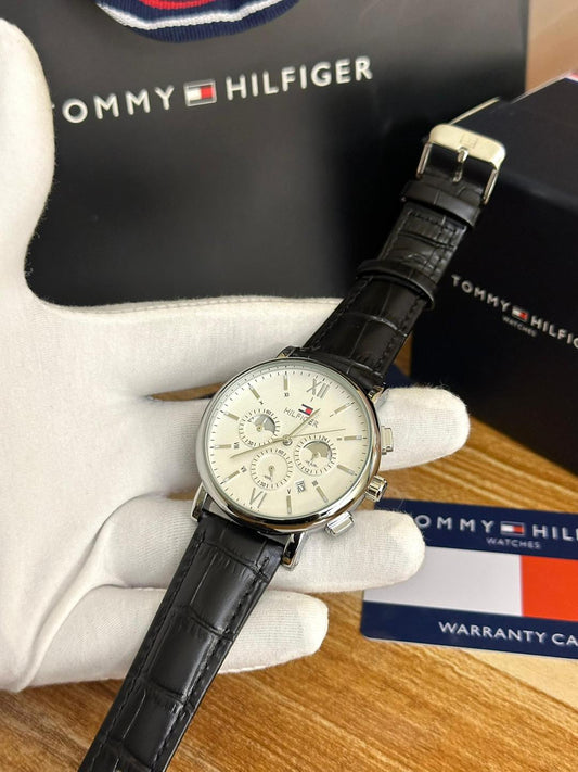 MONTRE TOMMY HILFIGER HOMME CUIR NOIR - BLANC