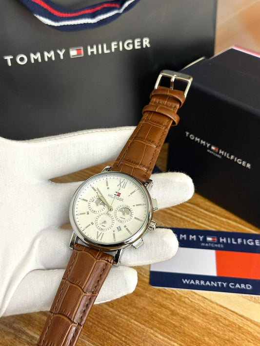 MONTRE TOMMY HILFIGER HOMME CUIR MARRRON - BLANC