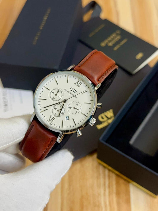 MONTRE WD HOMME CUIR MARRON - BLANC
