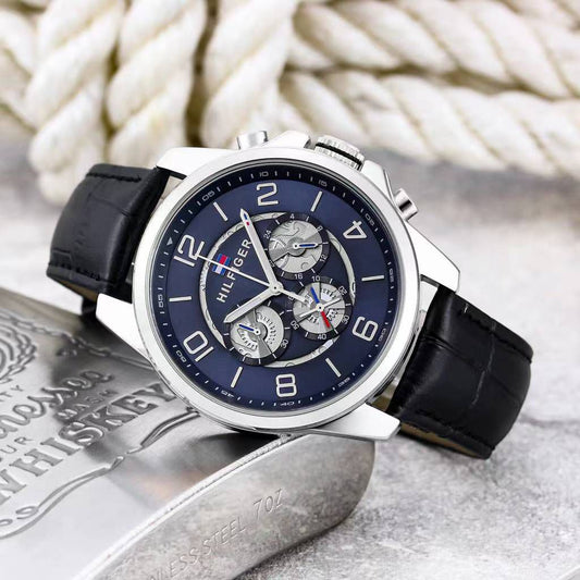 Montre Tommy Pour Homme France en cuir noir Gris